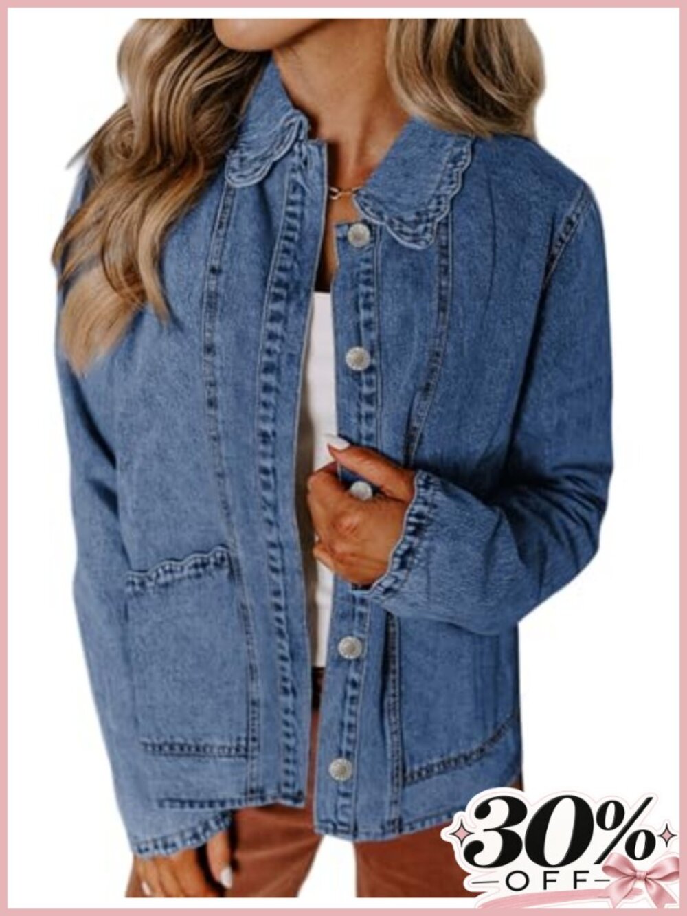 Ruffled Denim Jacket Long Sleeve Button Down Cotton Blend Shacket